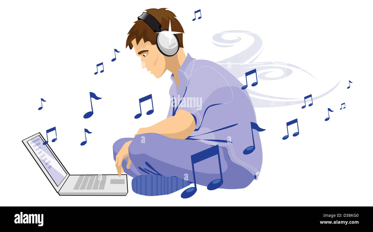 Man downloading music from internet Stock Photo