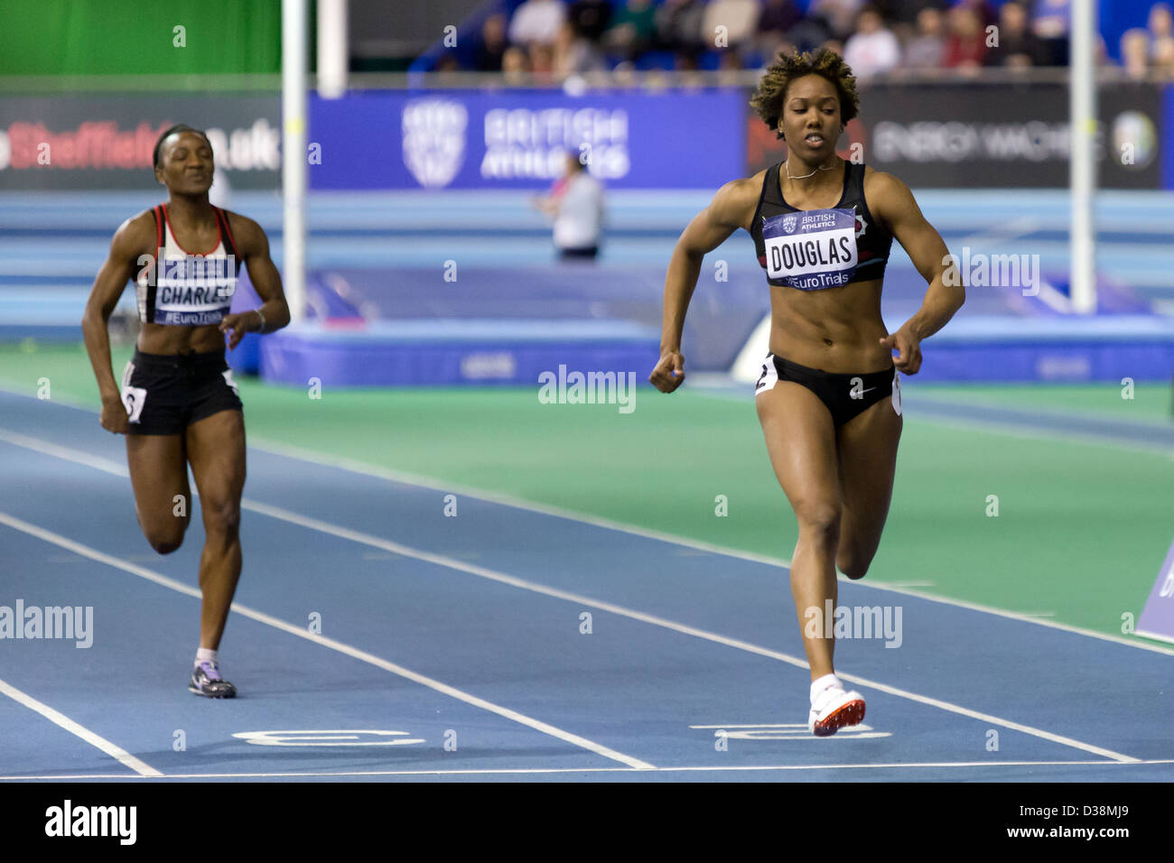 Montell DOUGLAS & Shereen CHARLES, 60m Women's Heat 5, 2013 British Athletics European Trials (EIS) Sheffield, UK. Stock Photo