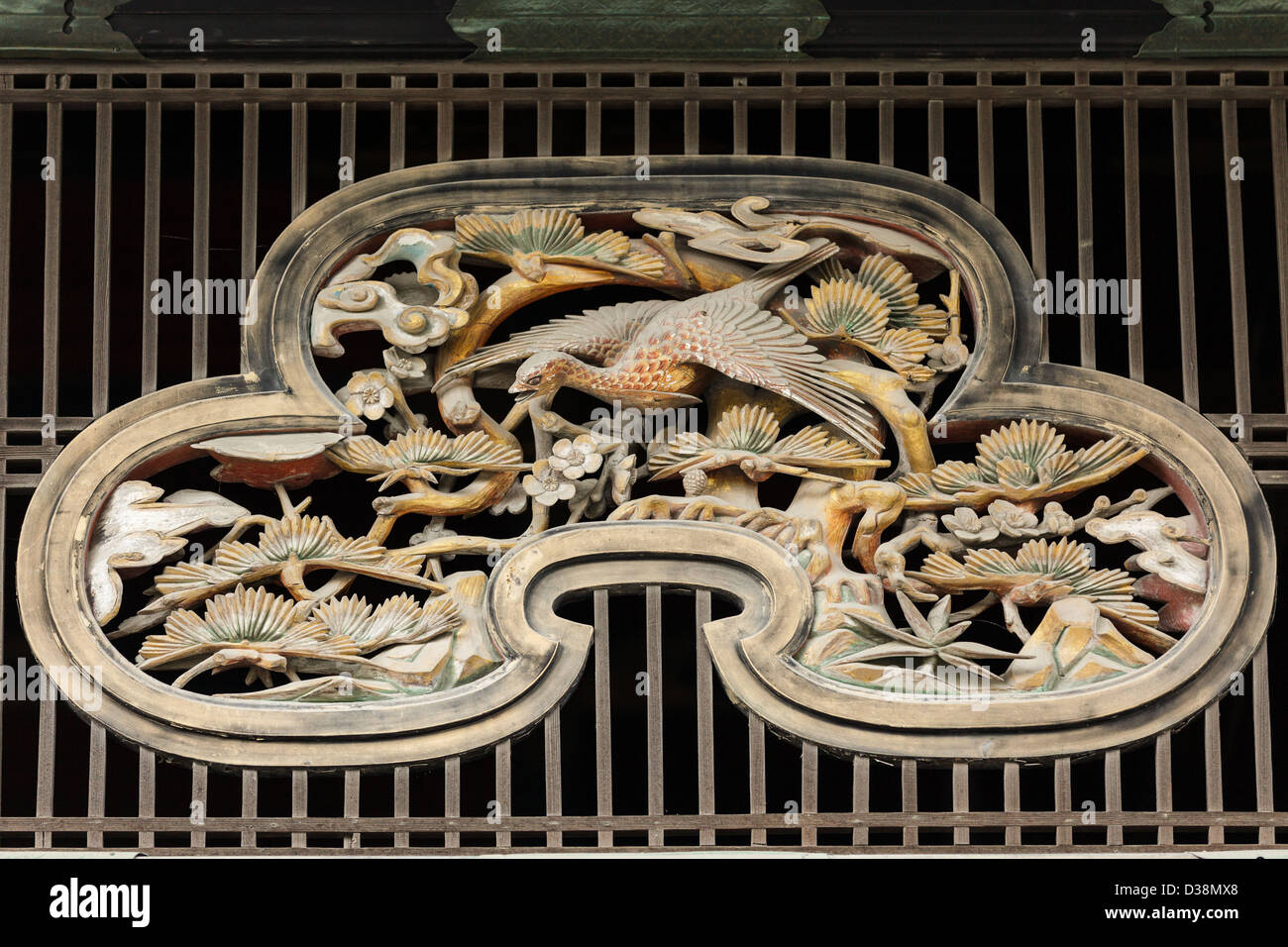 Religious wooden Carving details on Ninomaru temple, Kyoto imperial palace , Japan Stock Photo