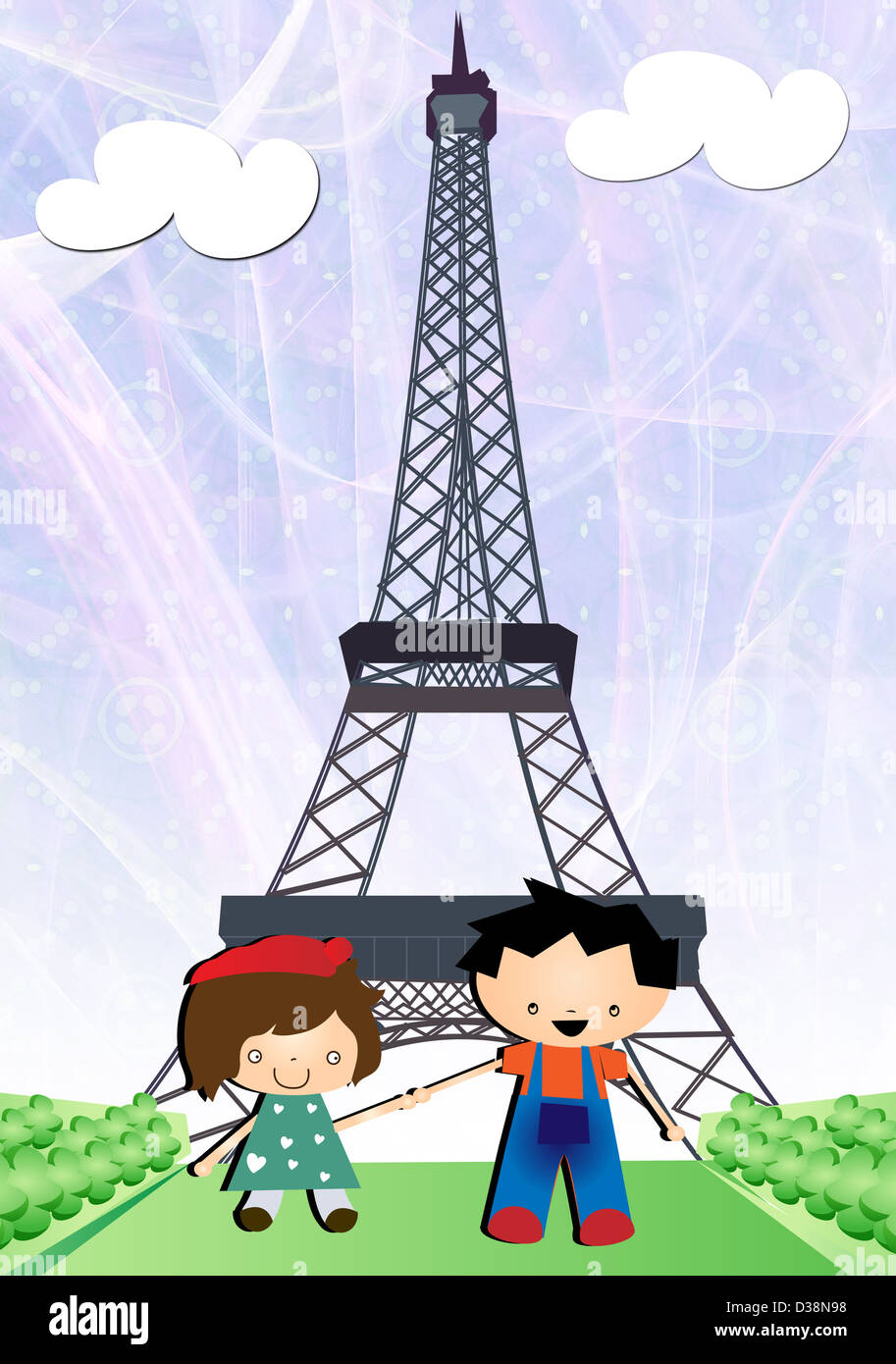 Boy and a girl in a park in front of a tower, Eiffel Tower, Paris, France Stock Photo