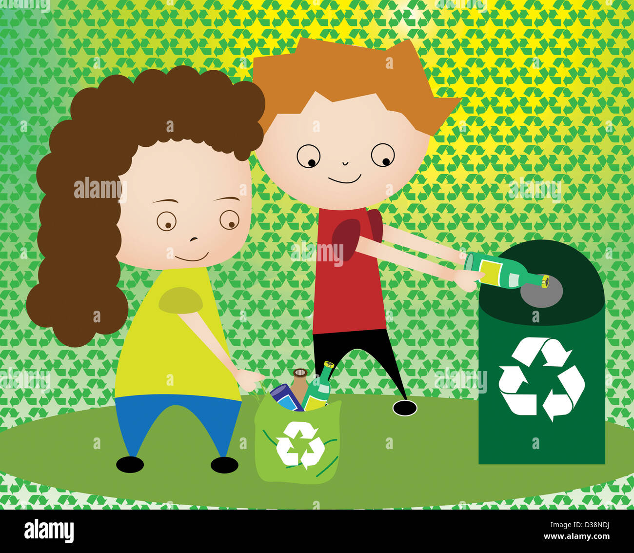 Boy and a girl throwing plastic bottles in recycling bin Stock Photo