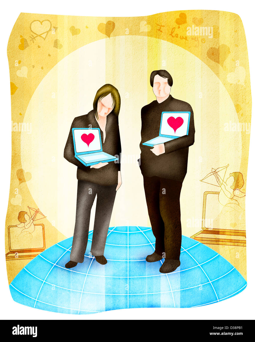 Man and a woman standing with laptops Stock Photo