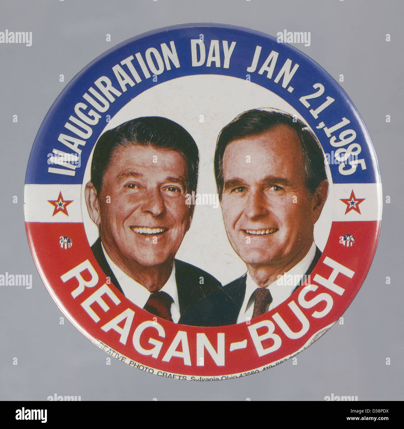 1984 U.S. presidential campaign button pin showing Ronald Reagan and George H. W. Bush Stock Photo
