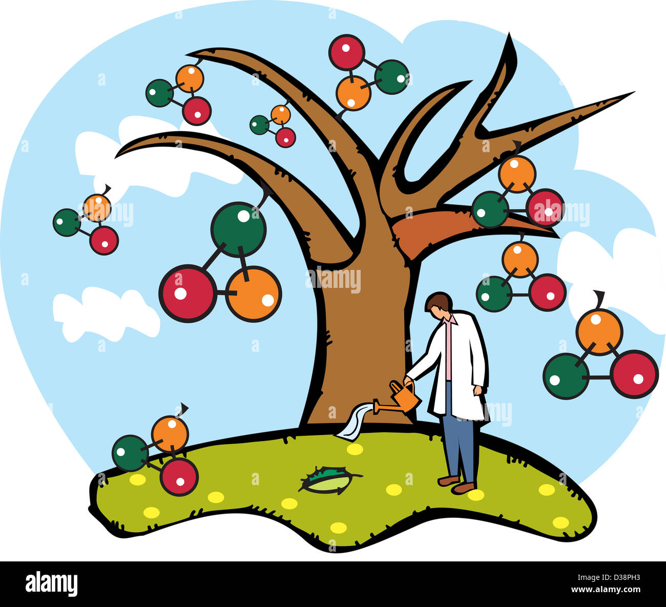 Scientist watering an atomic structure tree Stock Photo