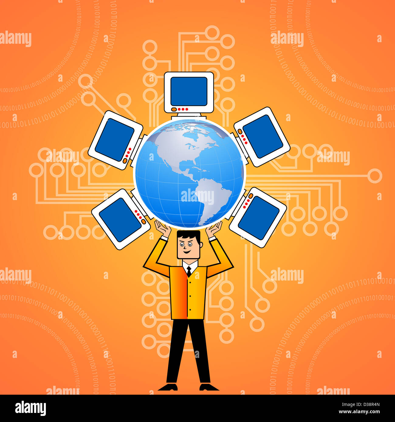 Businessman carrying globe with computers on his head Stock Photo