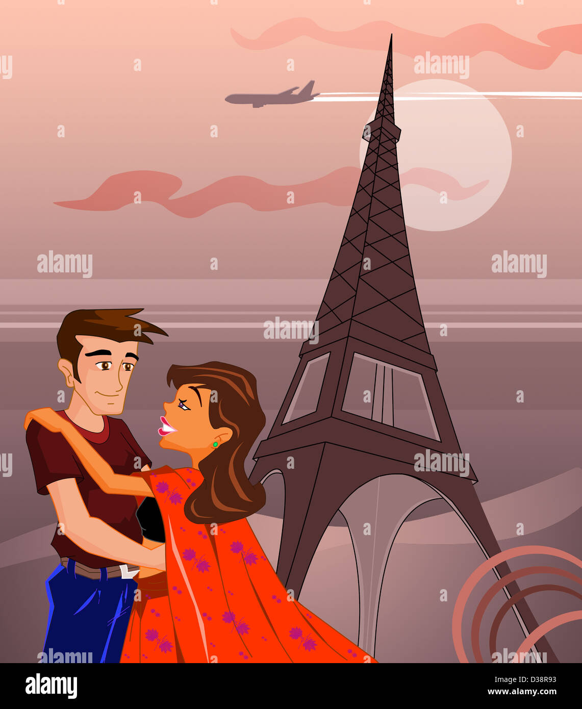 Couple romancing in front of a tower, Eiffel Tower, Paris, France Stock Photo