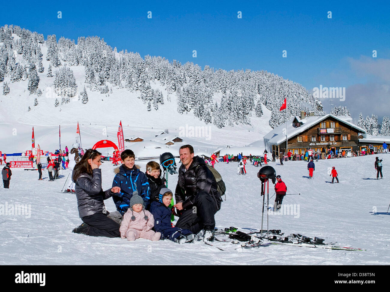 Prince Joachim (R) and Princess Marie of Denmark pose with Prince Henrik and Princess Athena (front, L-R), Prince Nikolai and Prinz Felix (back, L-R) for the media at Col-de-Bretaye in Villars, 13 February 2013. The family is on a winter holiday in Switzerland. Photo: Albert Nieboer /RPE/NETHERLANDS OUT Stock Photo