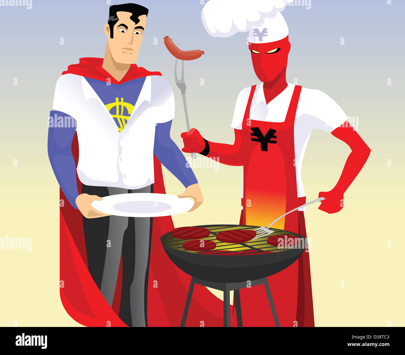 Super hero in chef's whites preparing food on a barbecue for his partner Stock Photo