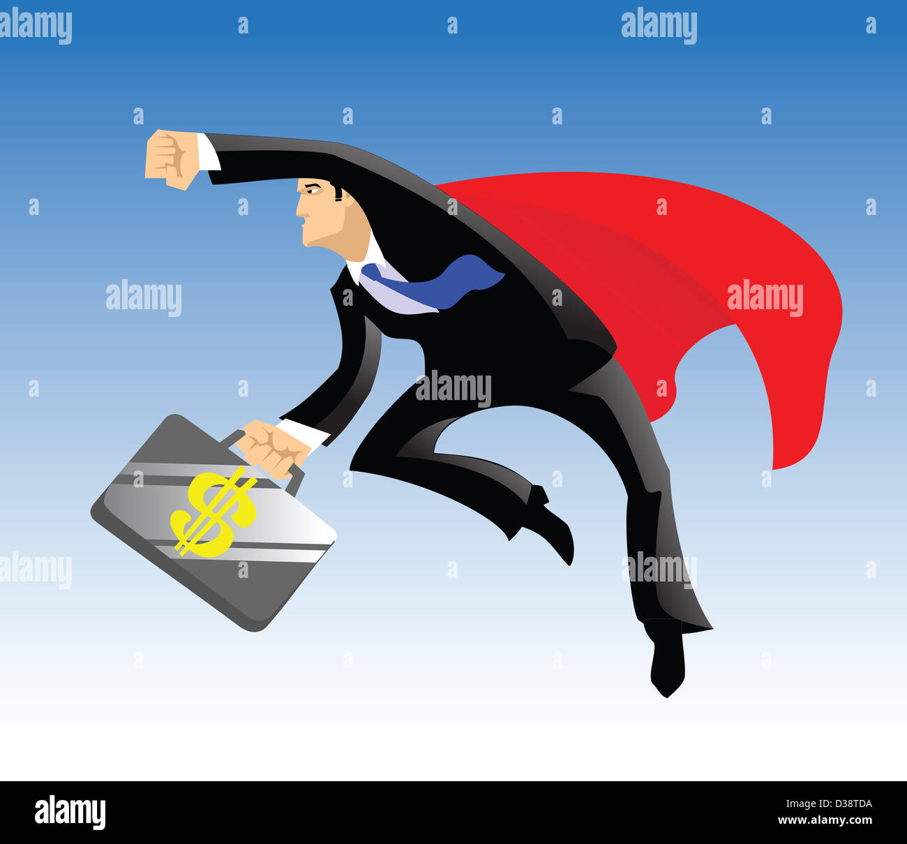 Superhero flying with a briefcase of dollar sign Stock Photo