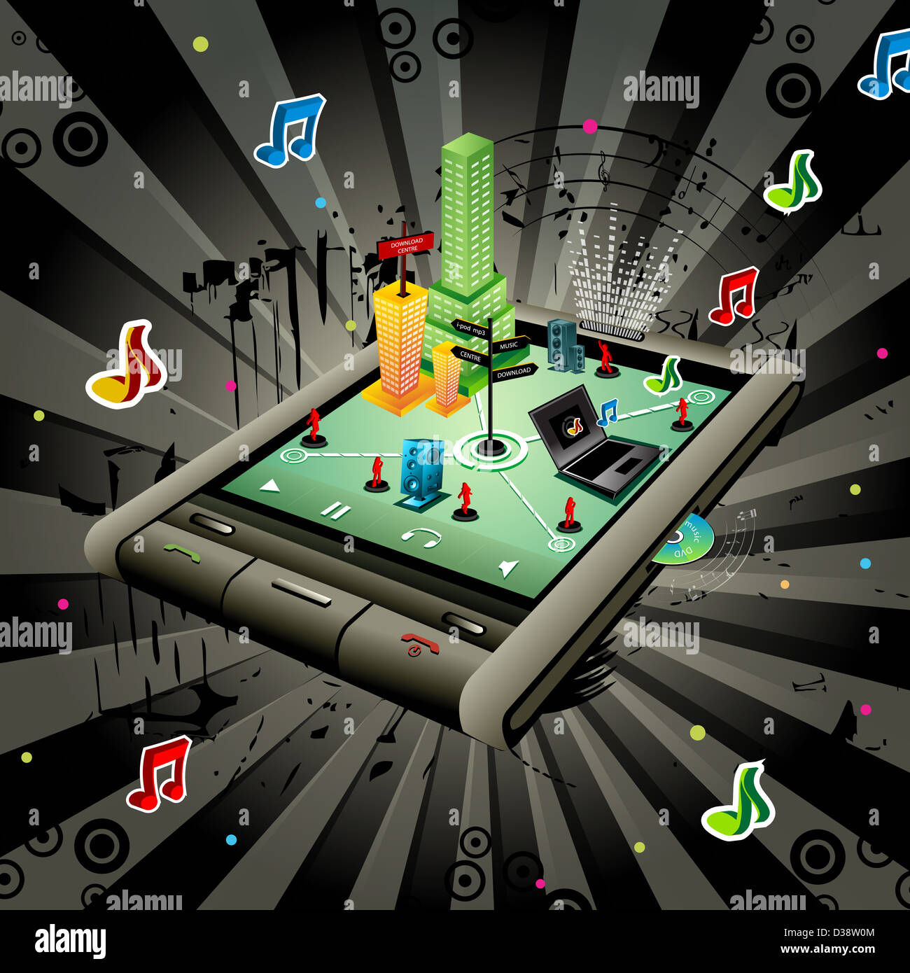 Illustrative representation showing the use of a mobile phone as music player Stock Photo
