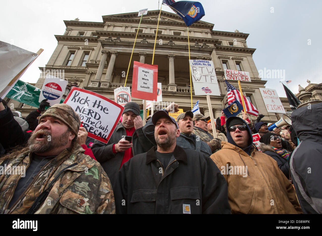 Union members protest 'right to work' legislation at Michigan state capitol Stock Photo
