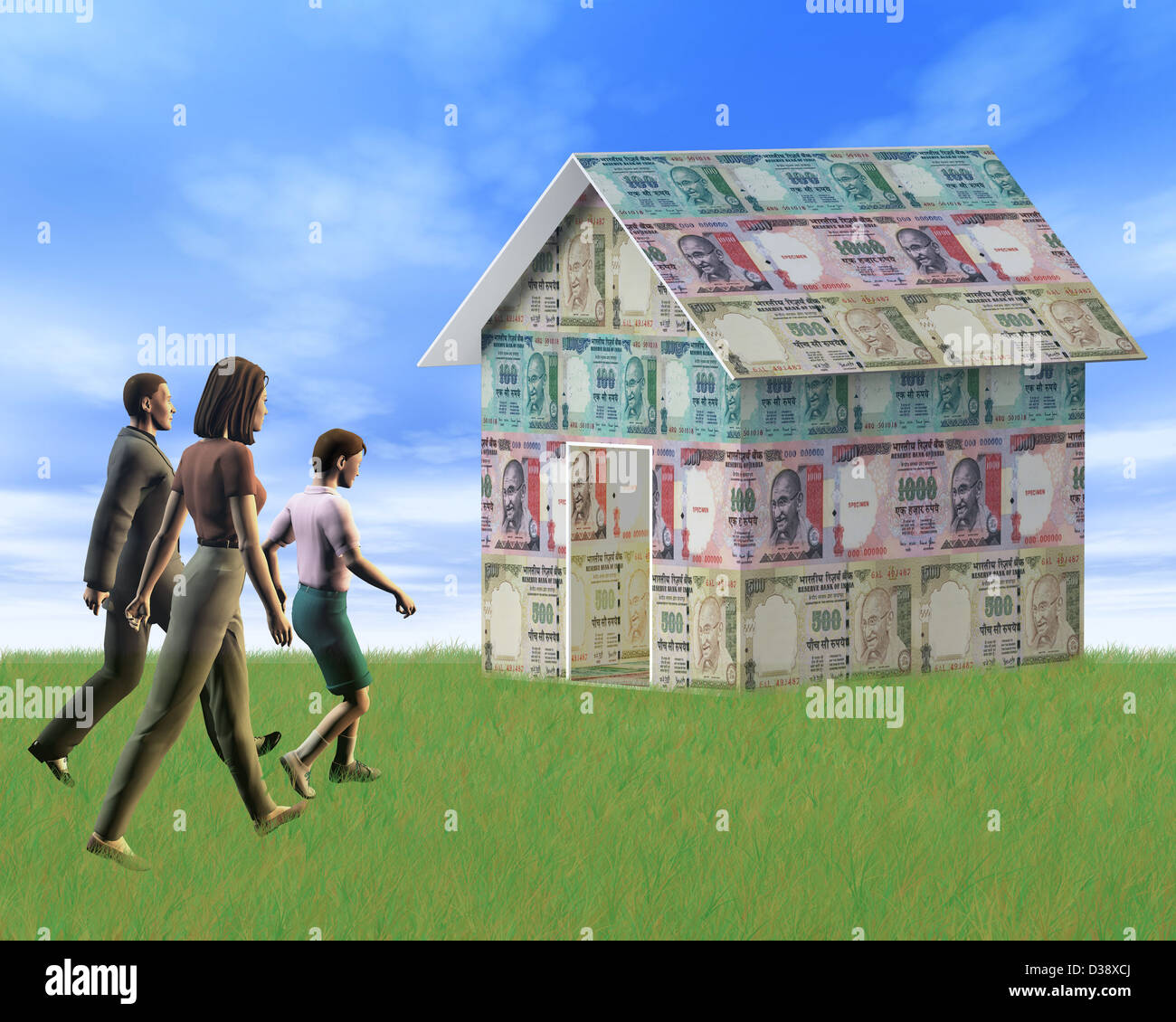 Family walking towards a home covering with rupees Stock Photo