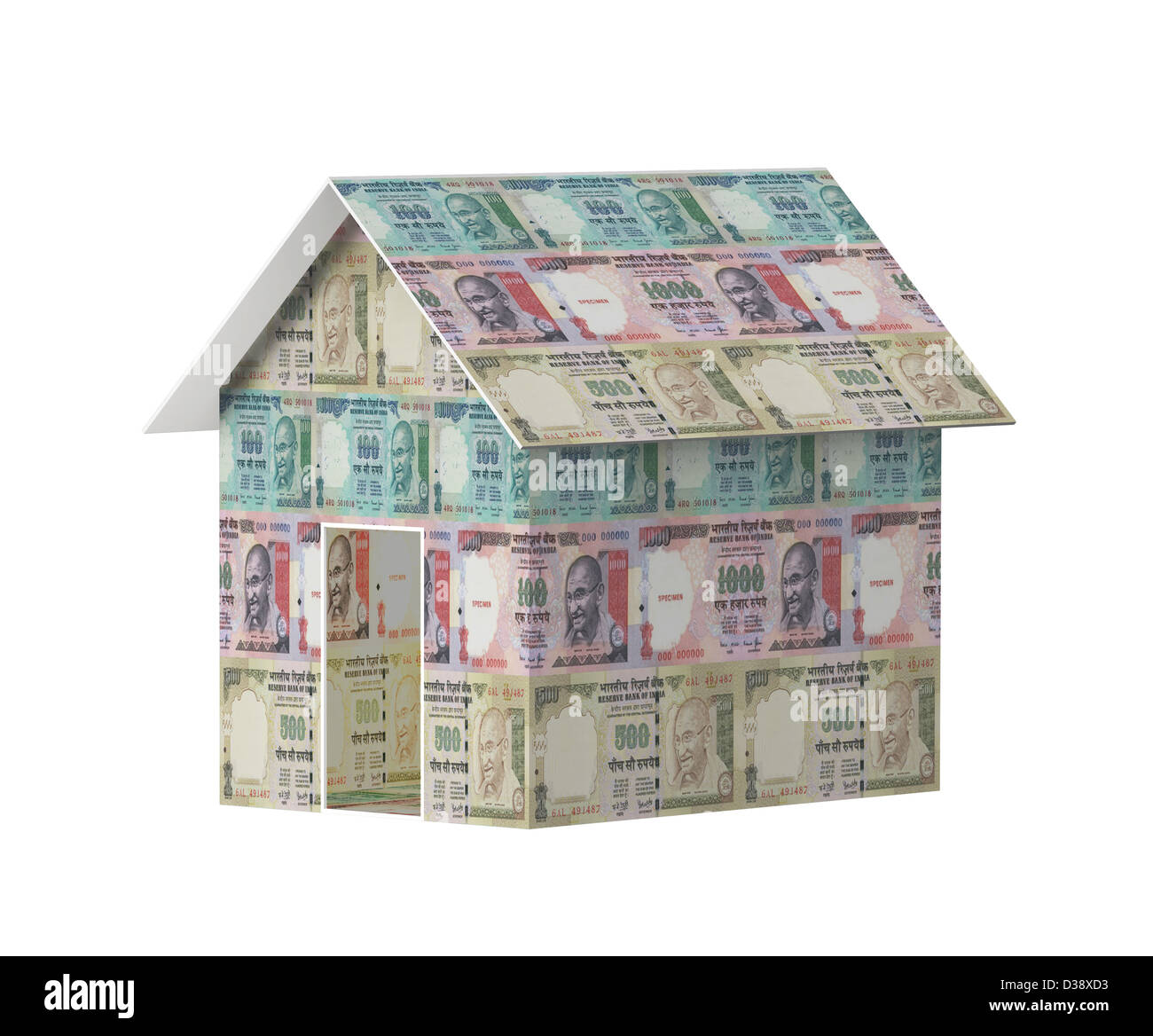 Close-up of a model home covered with rupees Stock Photo