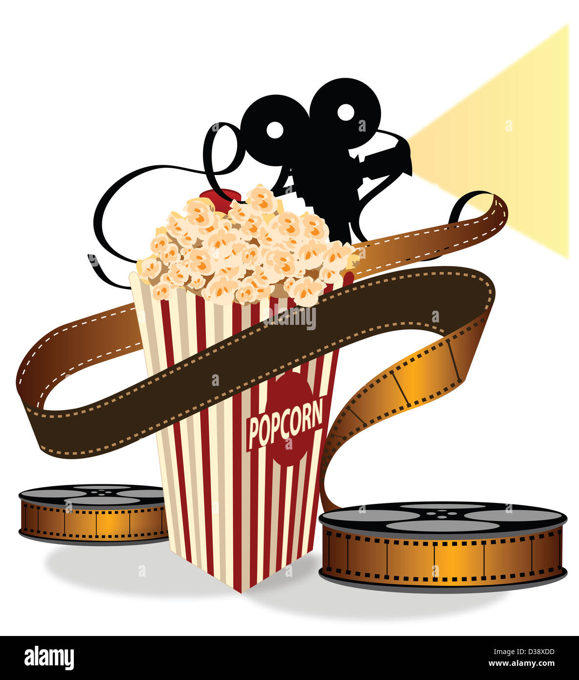 Close-up of popcorn with film reel Stock Photo