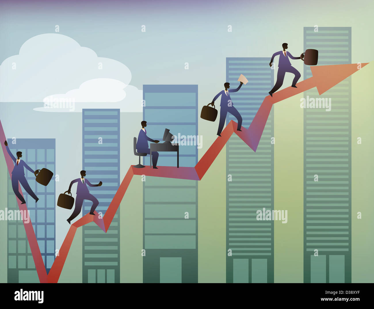 Business executives moving up on a line graph Stock Photo