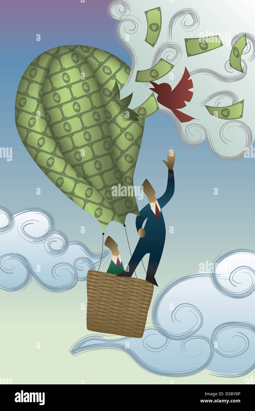 Two businessmen in a hot air balloon of money being burst by a bird Stock Photo