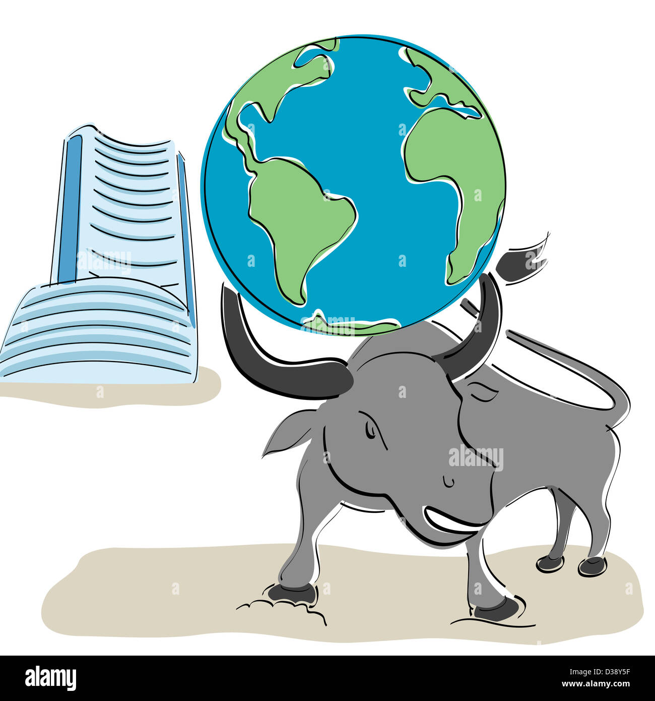 Globe on bull's head with Bombay stock exchange building in the background Stock Photo