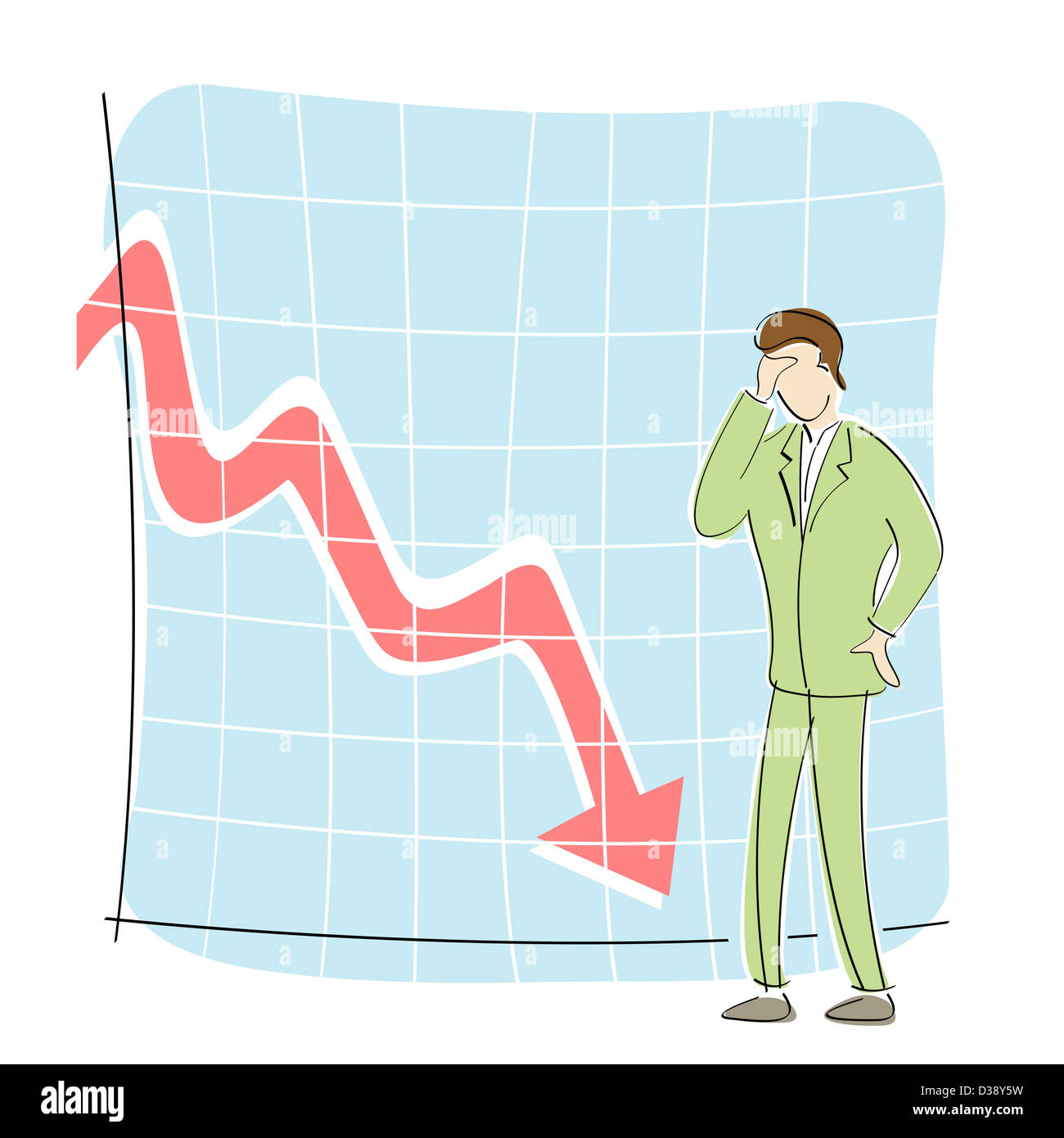 Businessman standing in front of a downward line graph Stock Photo
