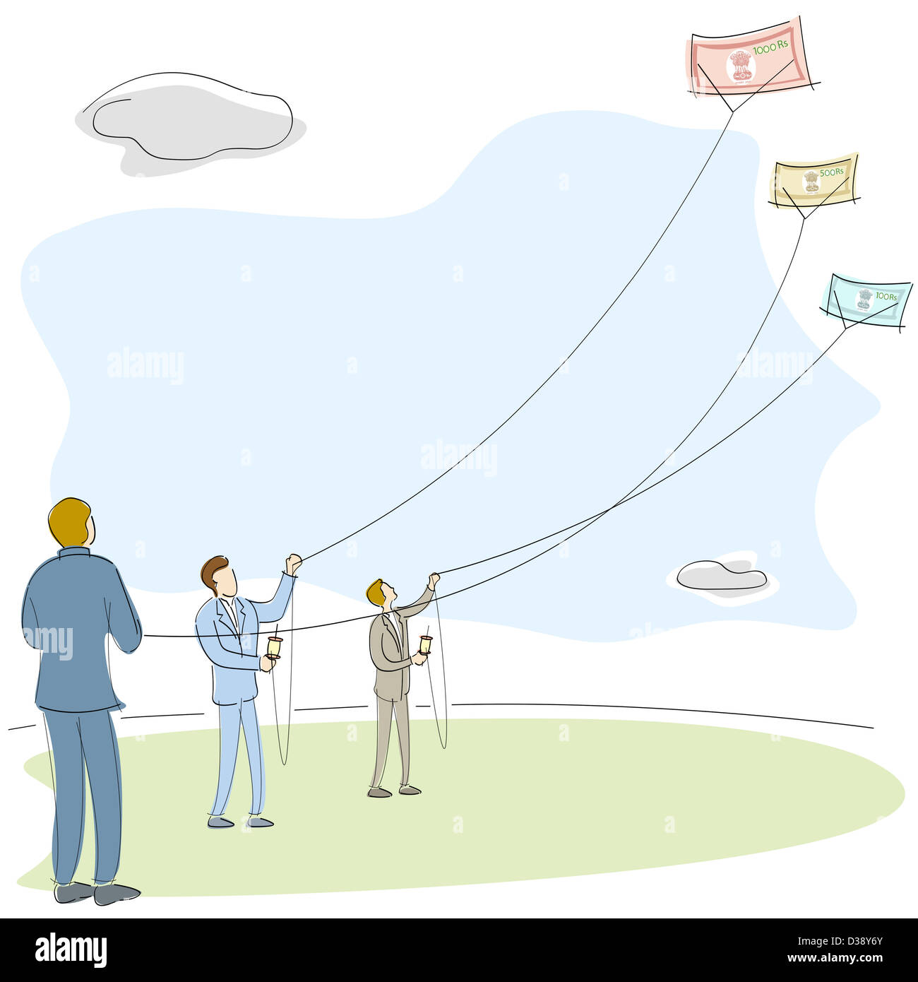 Businessmen flying kites of money in a field Stock Photo