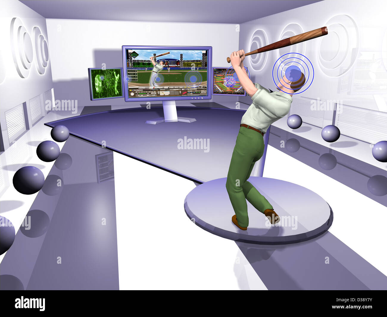 Man playing baseball game online Stock Photo