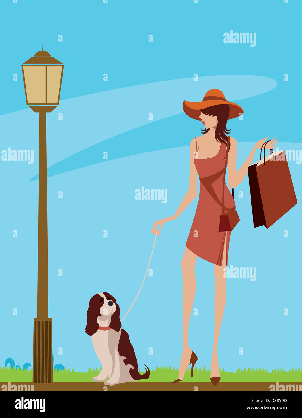 Woman walking in a street with her dog Stock Photo - Alamy