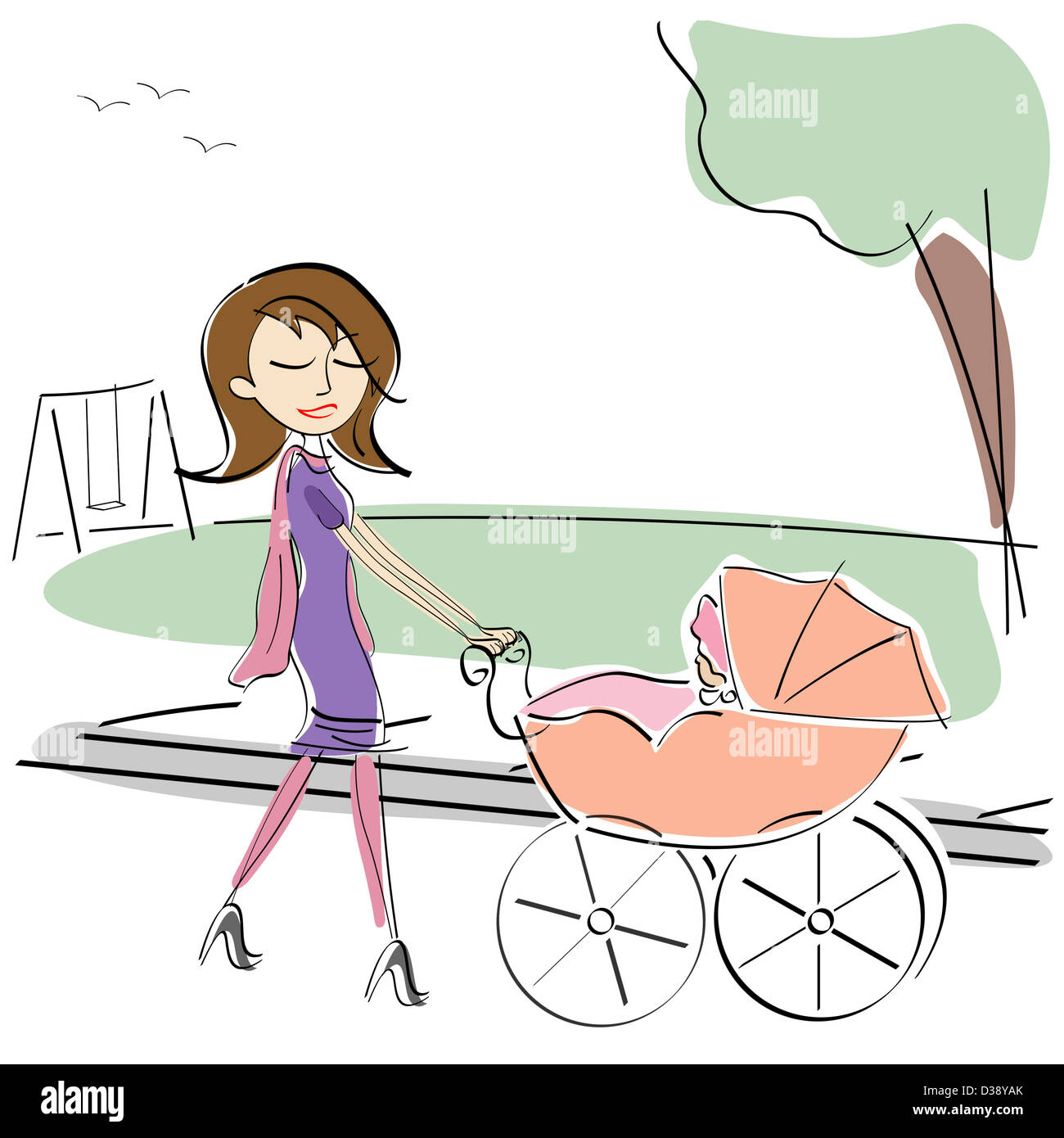 Woman pushing her baby in a stroller in a park Stock Photo