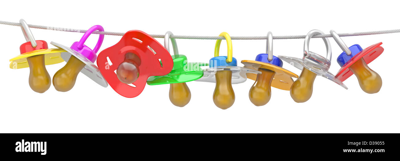 Row of babies dummies on rope. 3d Stock Photo Alamy