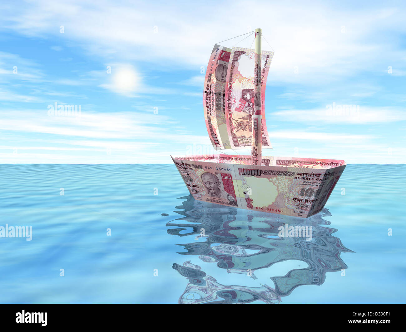 Boat with Indian currency notes Stock Photo