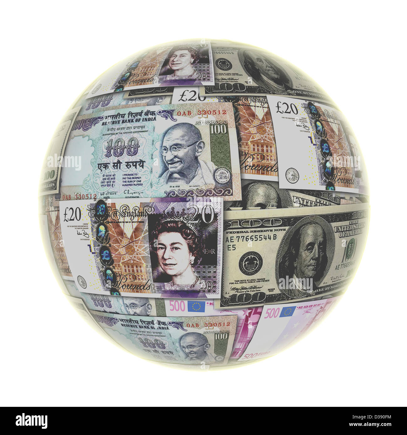 Globe with global currency Stock Photo