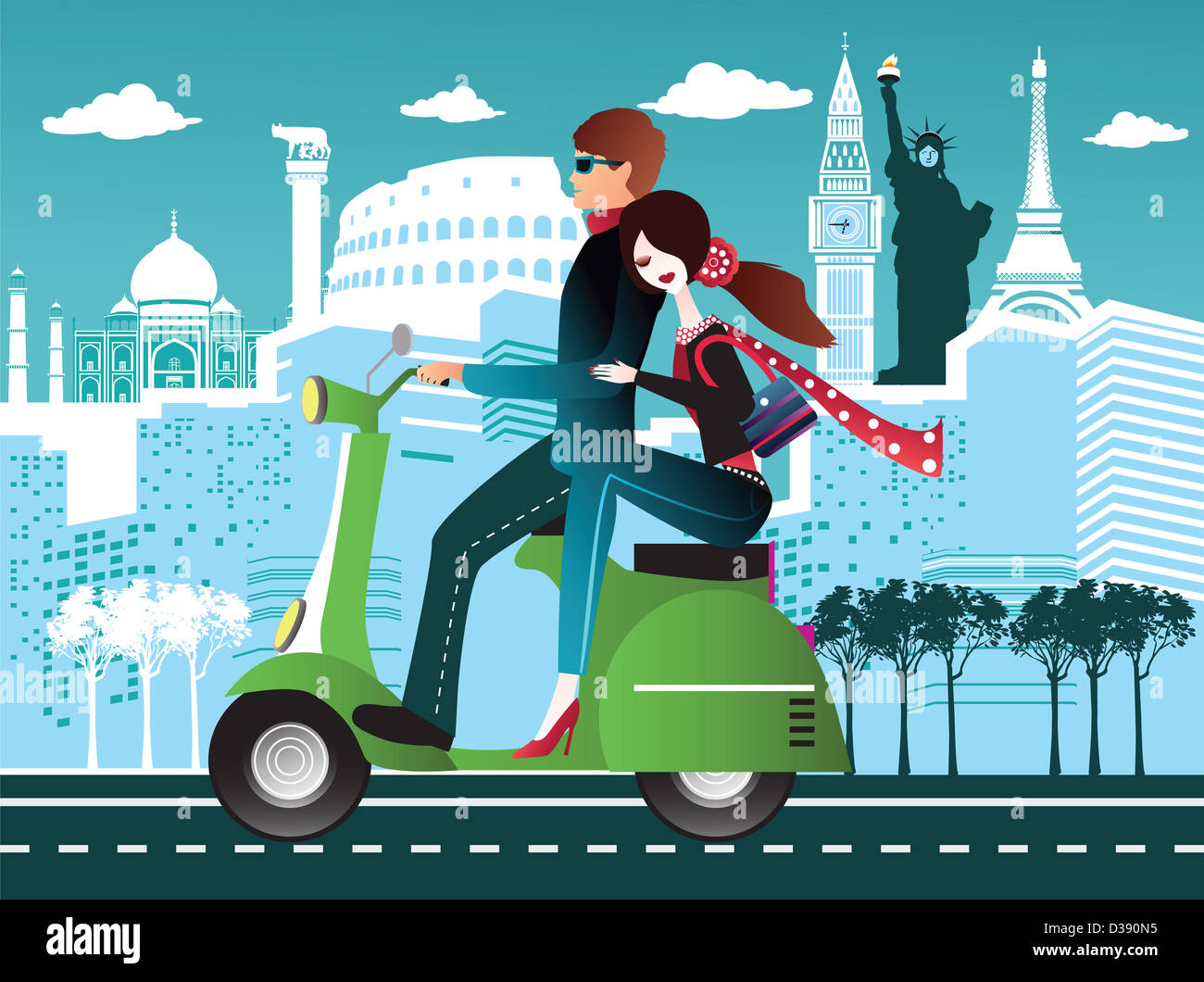 Couple riding a scooter with some international tourist attractions in the background Stock Photo