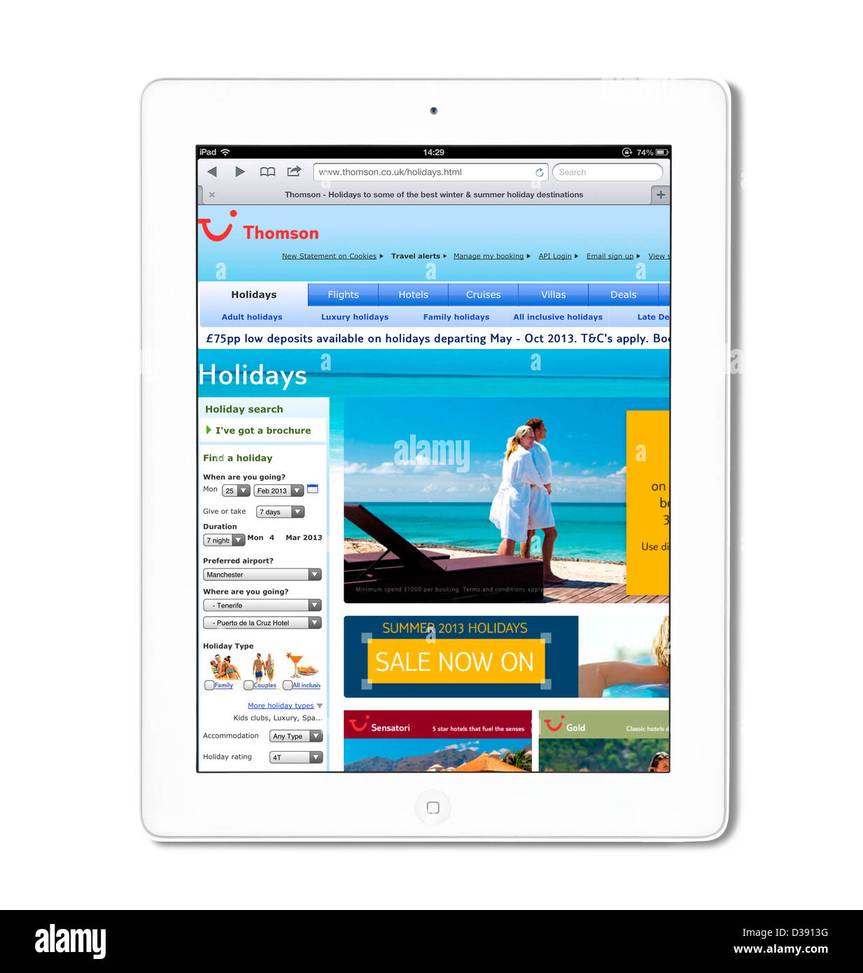 The Thomson Holidays website viewed on a 4th generation Apple iPad tablet computer, UK Stock Photo