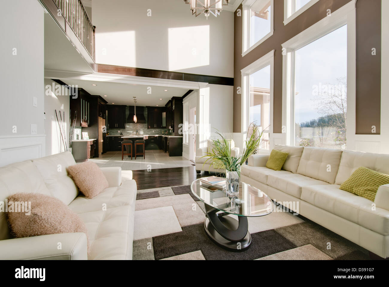 Contemporary Family Room With Vaulted Ceilings And Floor To