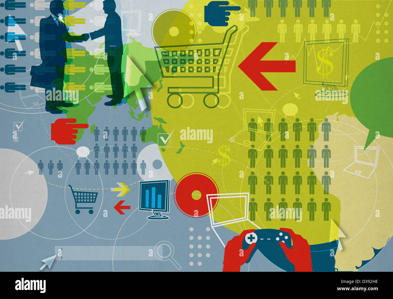 Illustrative representation showing various online activities Stock