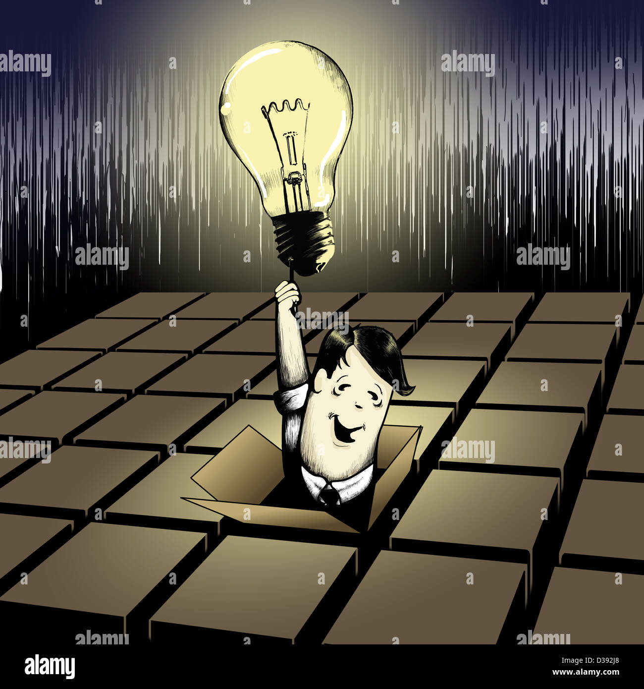 Man emerging from a box with a light bulb Stock Photo