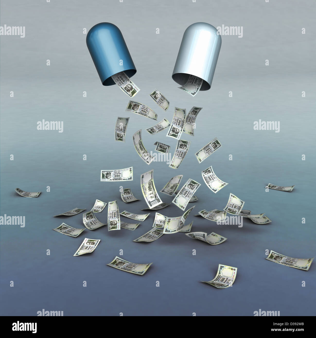 Open drug capsule with contents of money Stock Photo