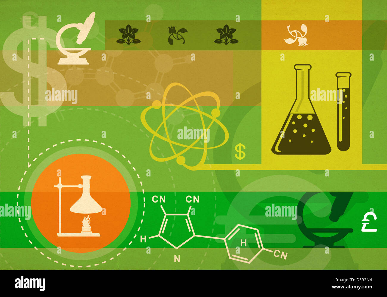 Montage of currency symbols and science objects Stock Photo