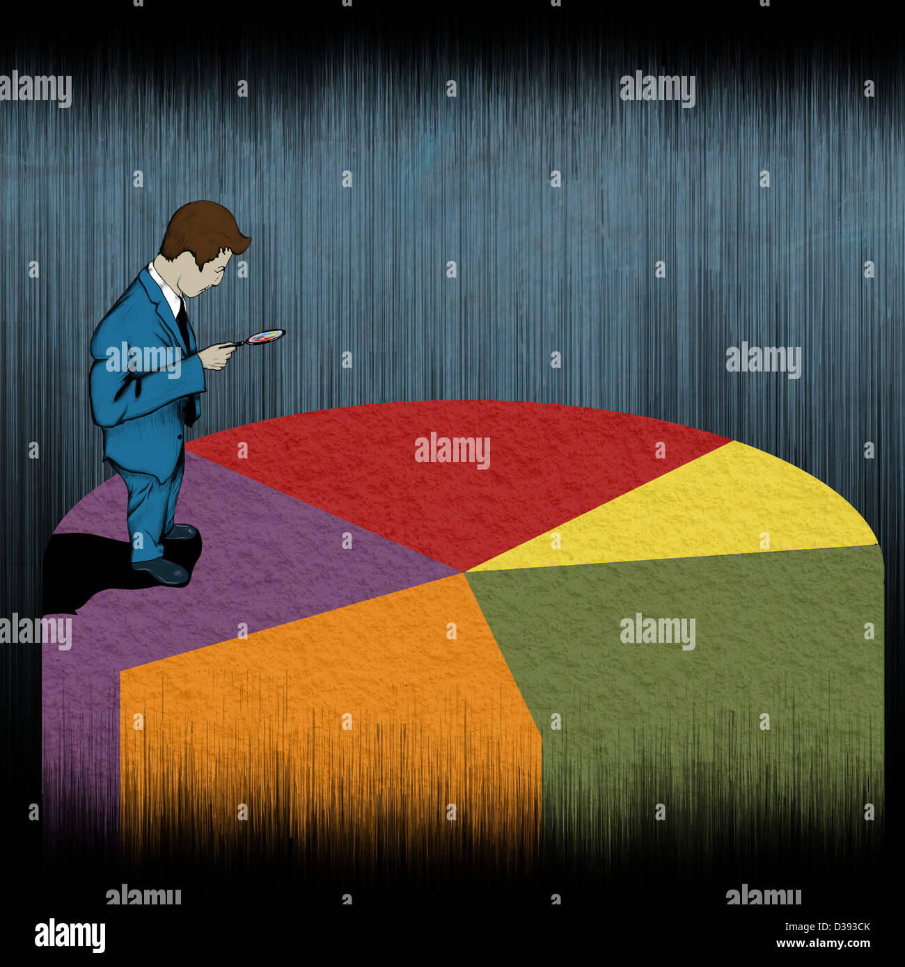 Businessman examining a pie chart with magnifying glass Stock Photo - Alamy