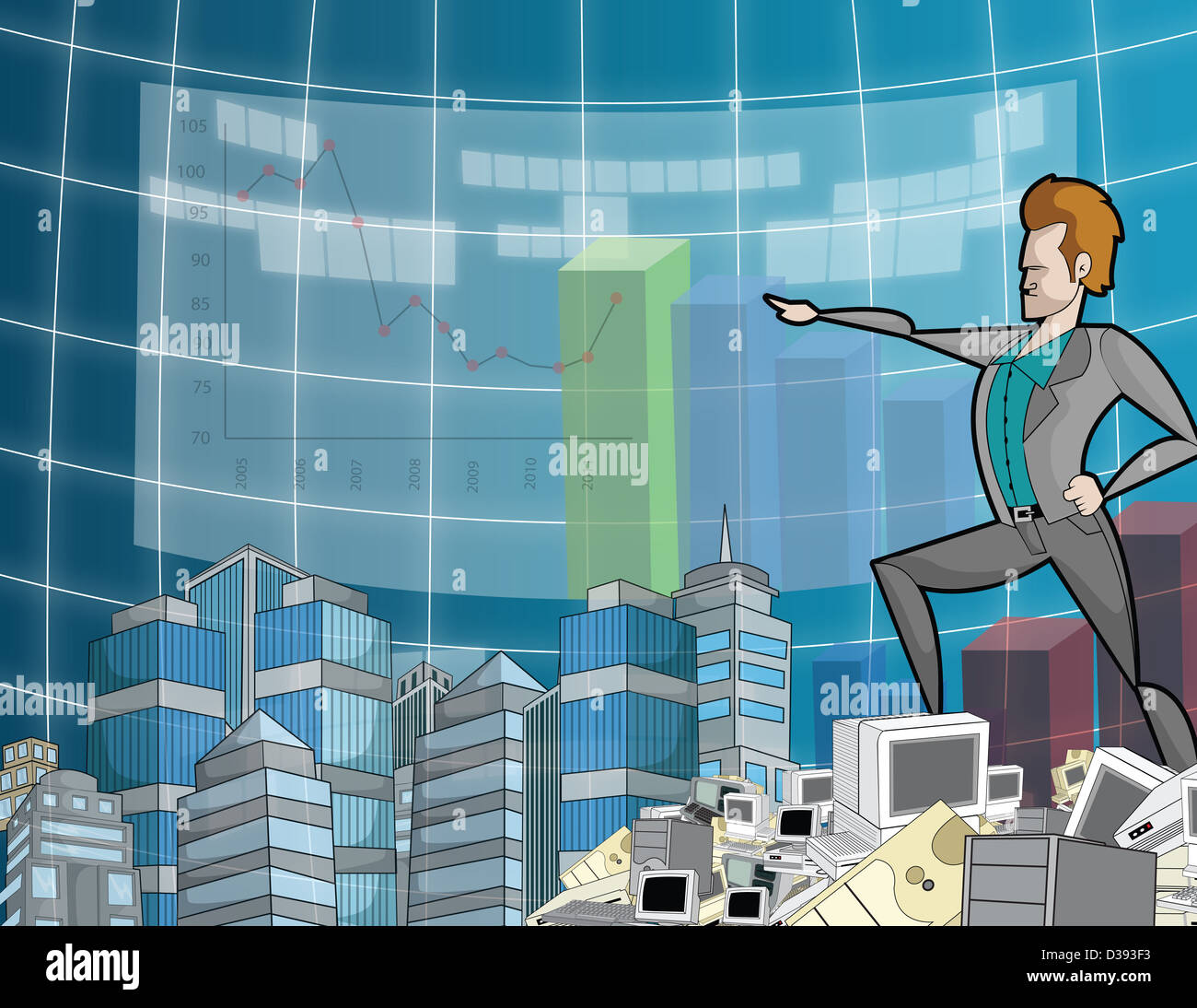 Businessman standing on a dump of computer equipment and pointing towards a financial line graph Stock Photo