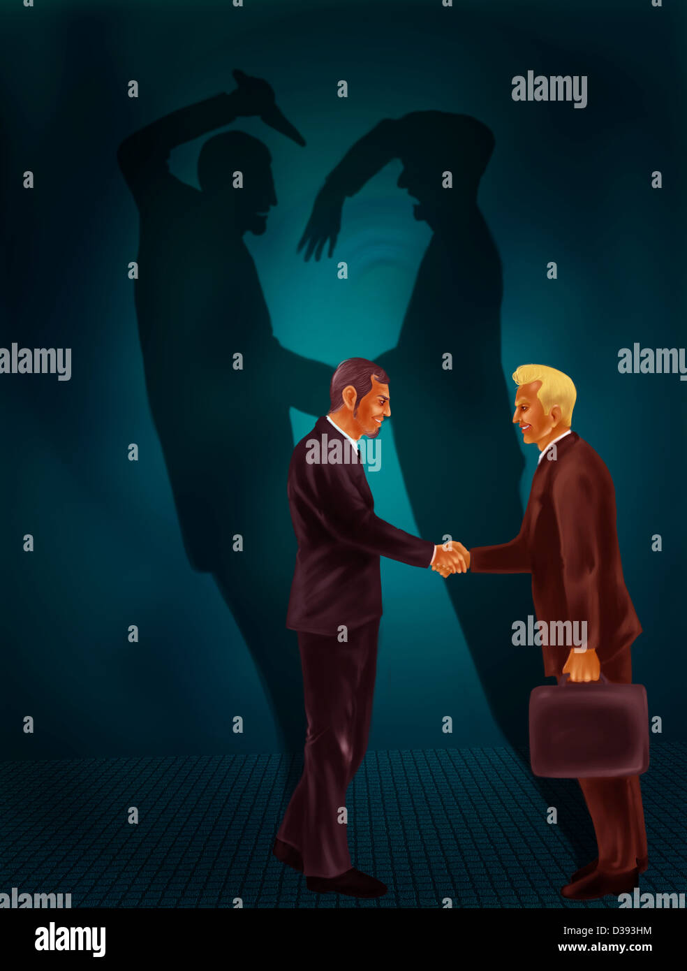 Two businessmen shaking hands with behind black shadows showing crime Stock Photo
