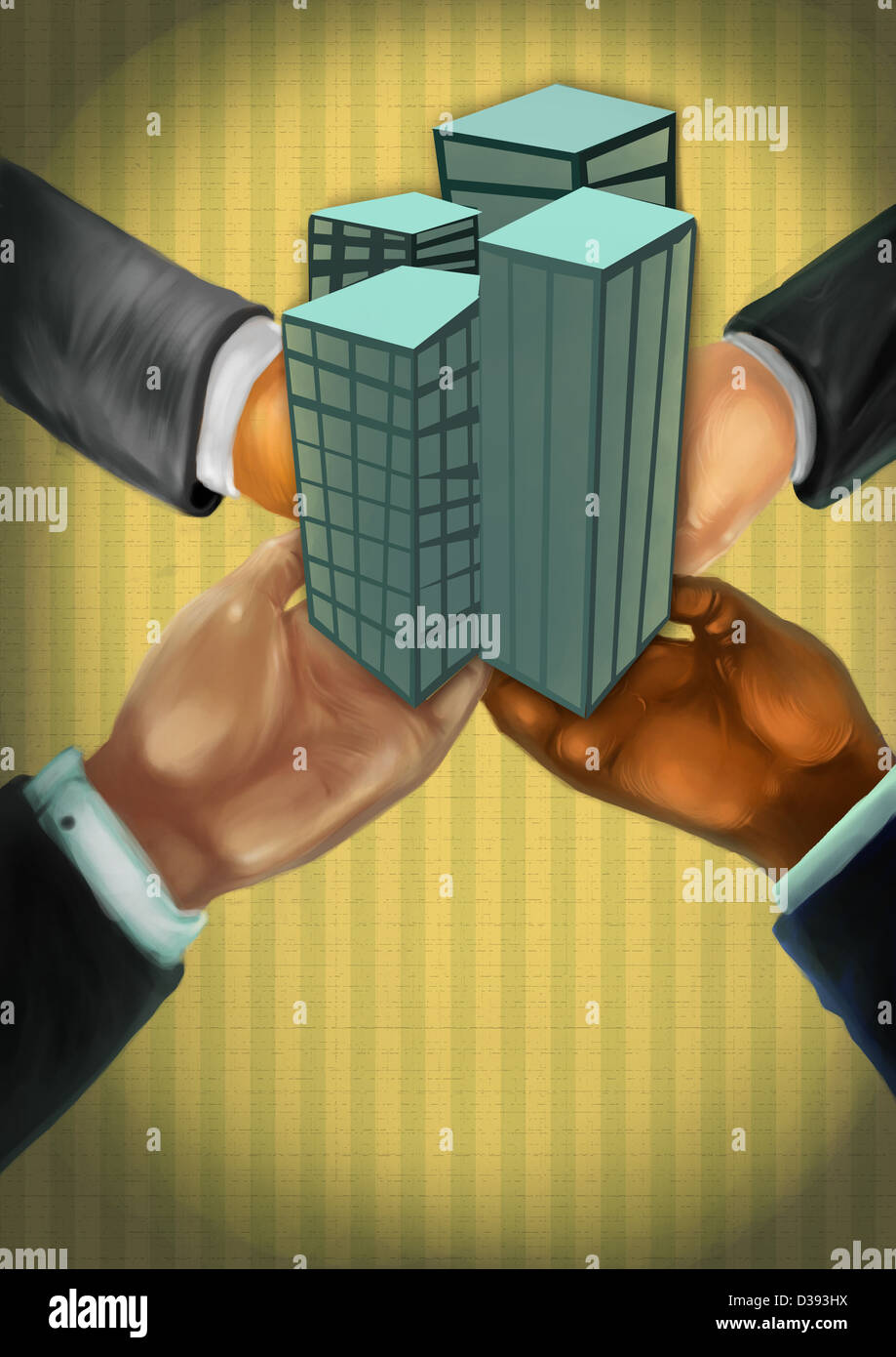 Business people's hands holding office buildings Stock Photo - Alamy