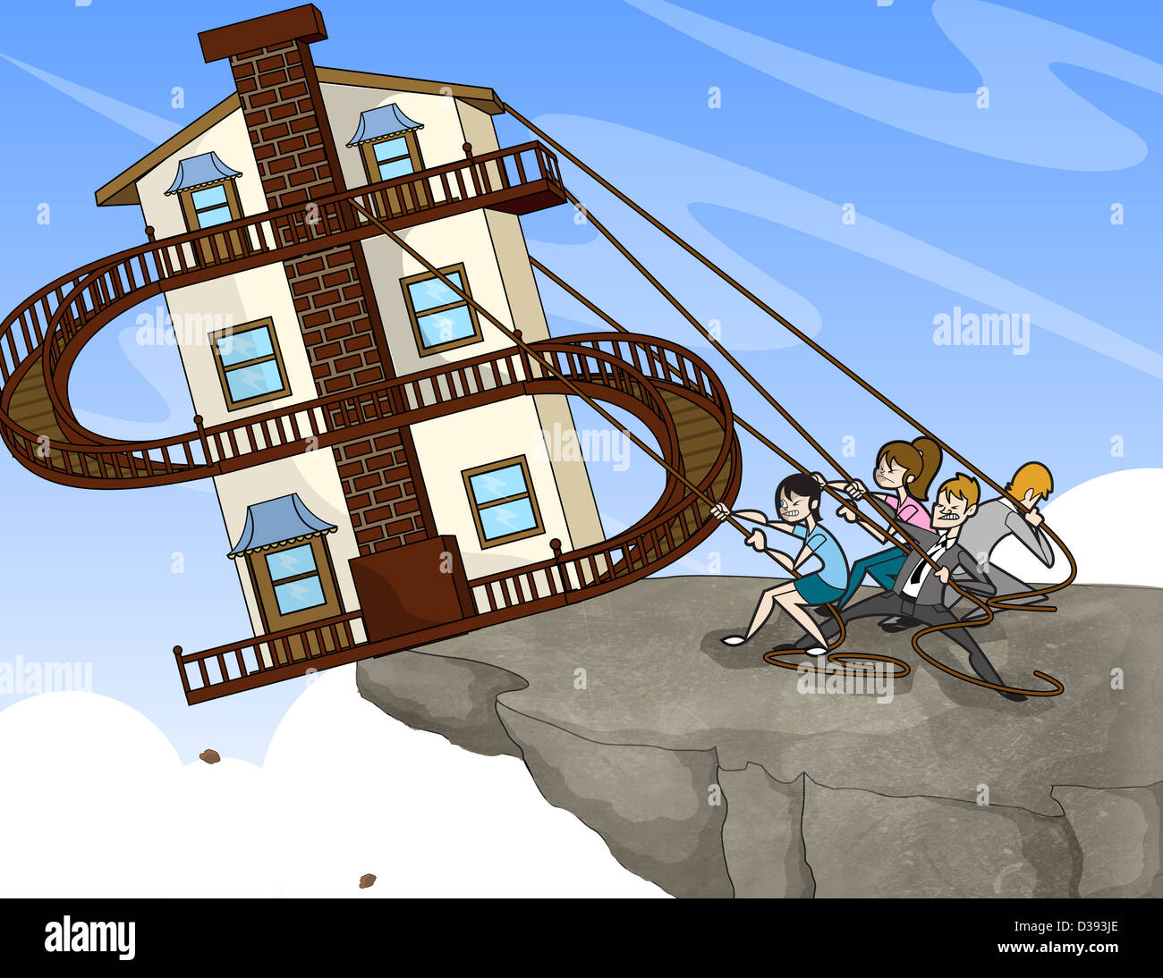 People trying to save home at the edge of a cliff with dollar sign Stock Photo