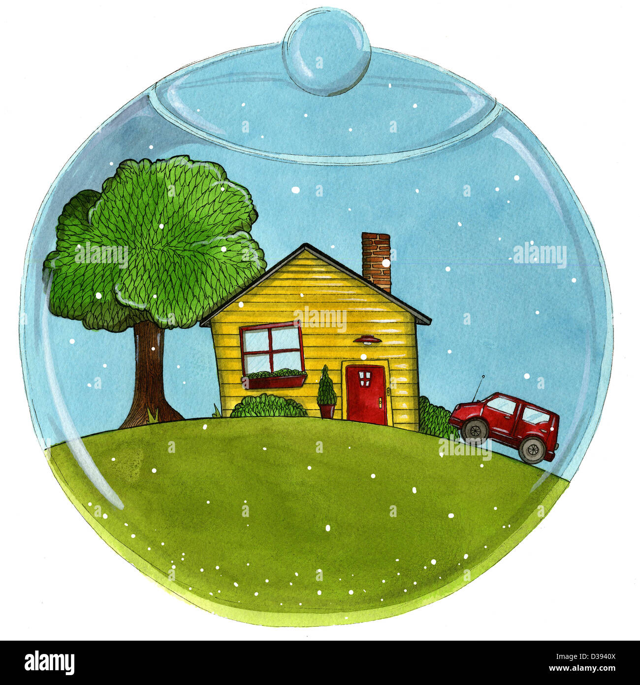 Comfort life of a house and vehicle in a transparent bowl Stock Photo