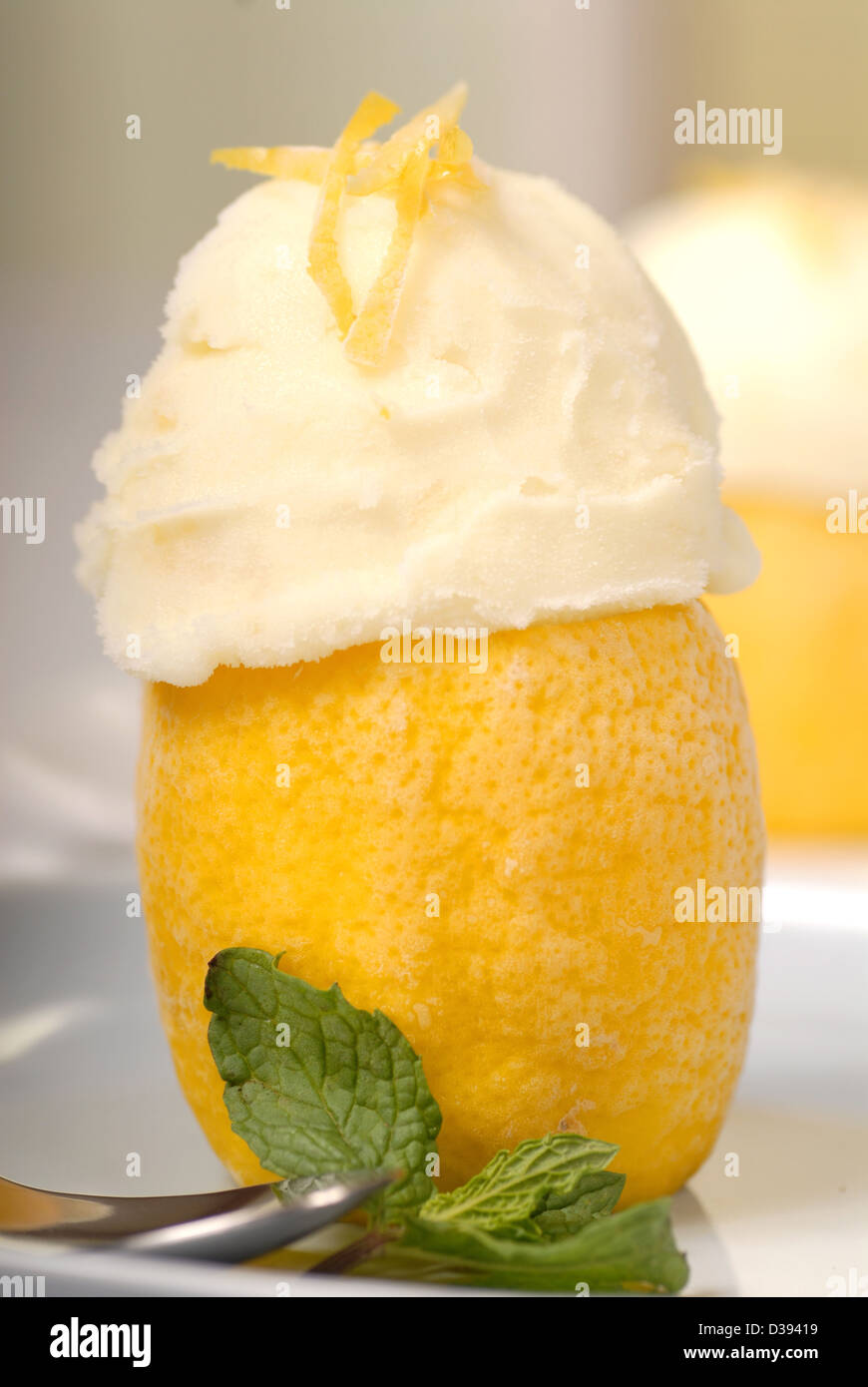 Two Lemon sorbets in a frozen lemon shell with mint and a shallow depth of field Stock Photo