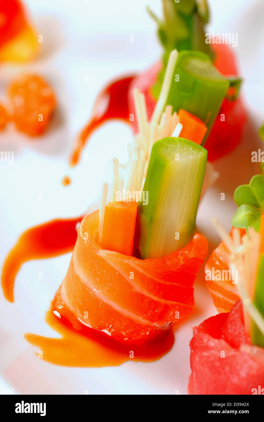 Beautiful and delicious pieces of Japanese sashimi Stock Photo