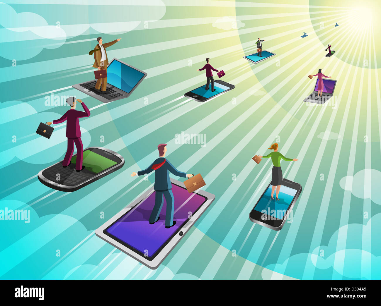 Businesspeople moving on computer gadgets towards the sun rays Stock