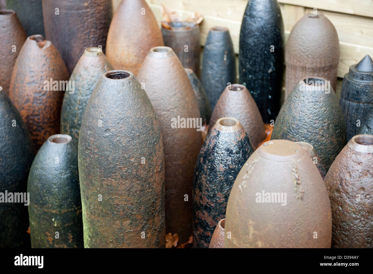 Stack pile of World War One artillery shells. Stock Photo