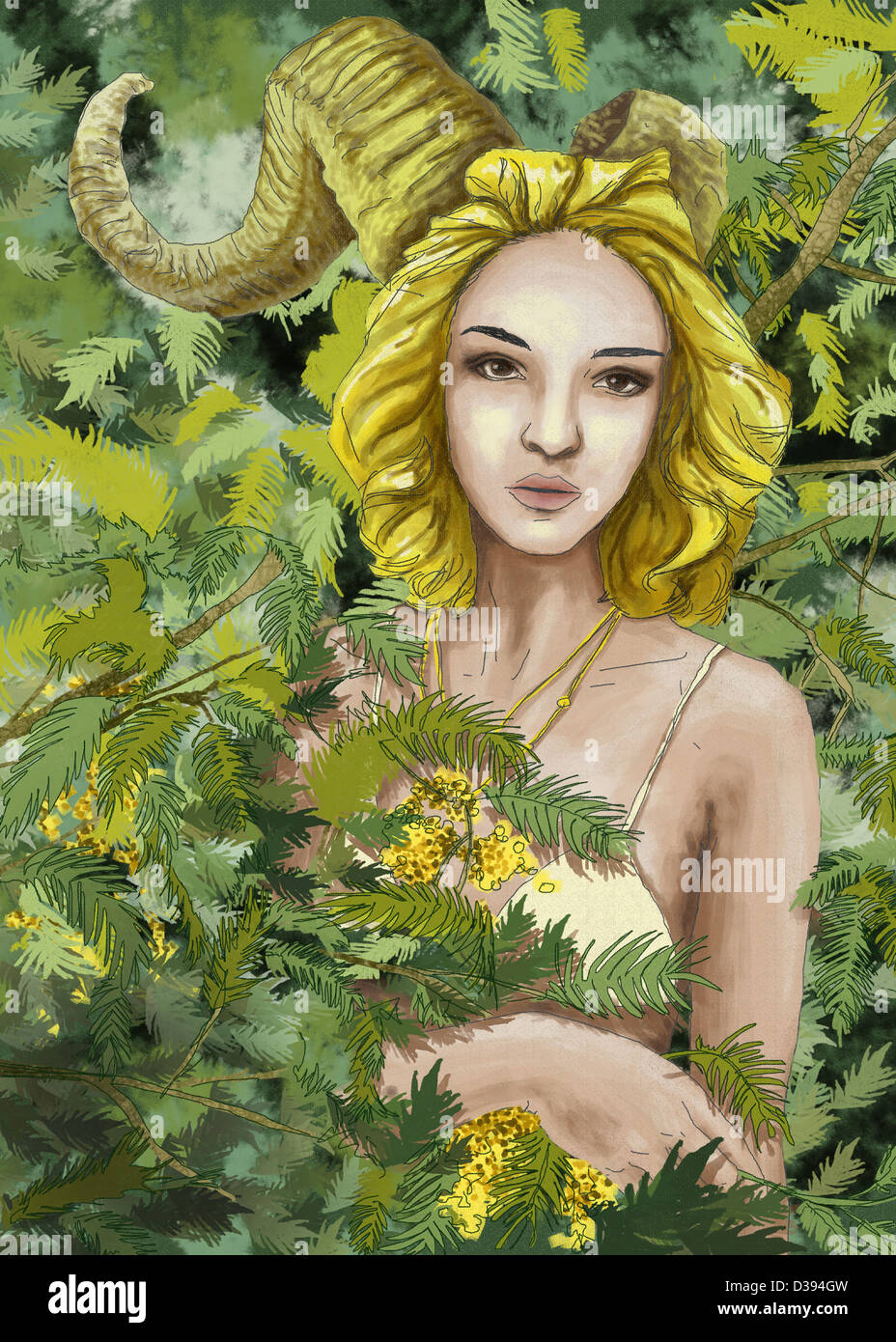 Illustrative image of young woman surrounded by bushes Stock Photo