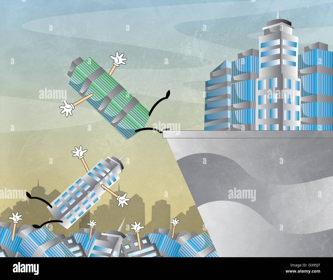 Falling buildings representing the concept of business uncertainty Stock Photo