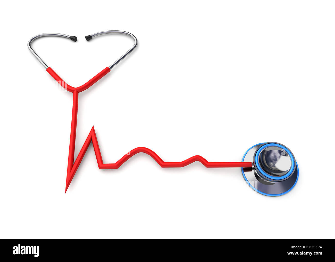 Red stethoscope forming a heartbeat shape with the tube over white background Stock Photo