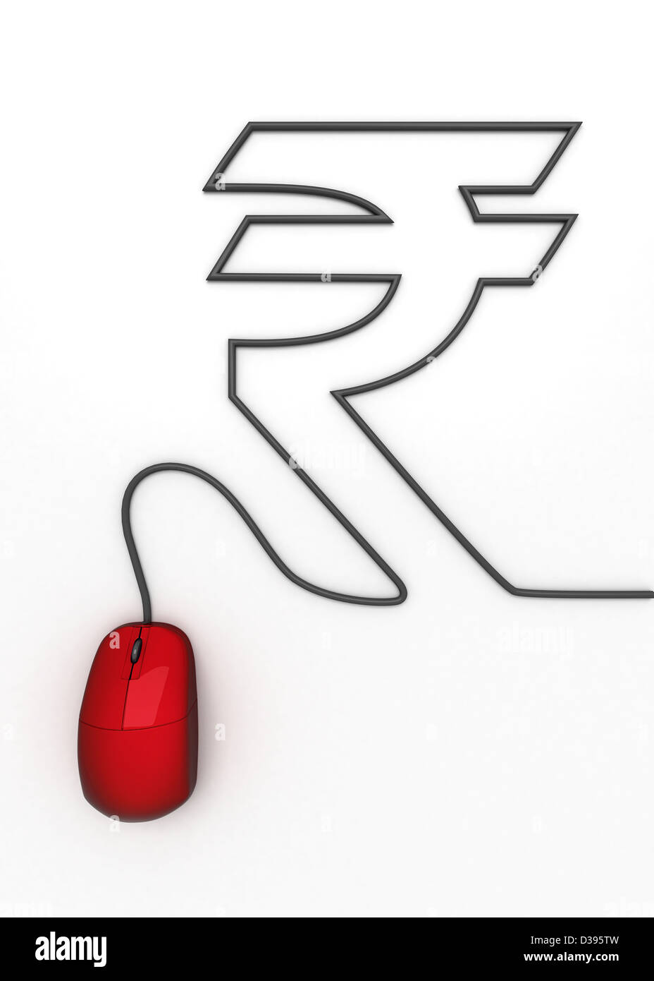 Conceptual image of mouse connecting to Indian Rupee symbol over white background Stock Photo